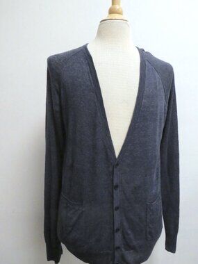 THEORY BLUE linen knit reverse edge V CARDIGAN SWEATER pockets XL